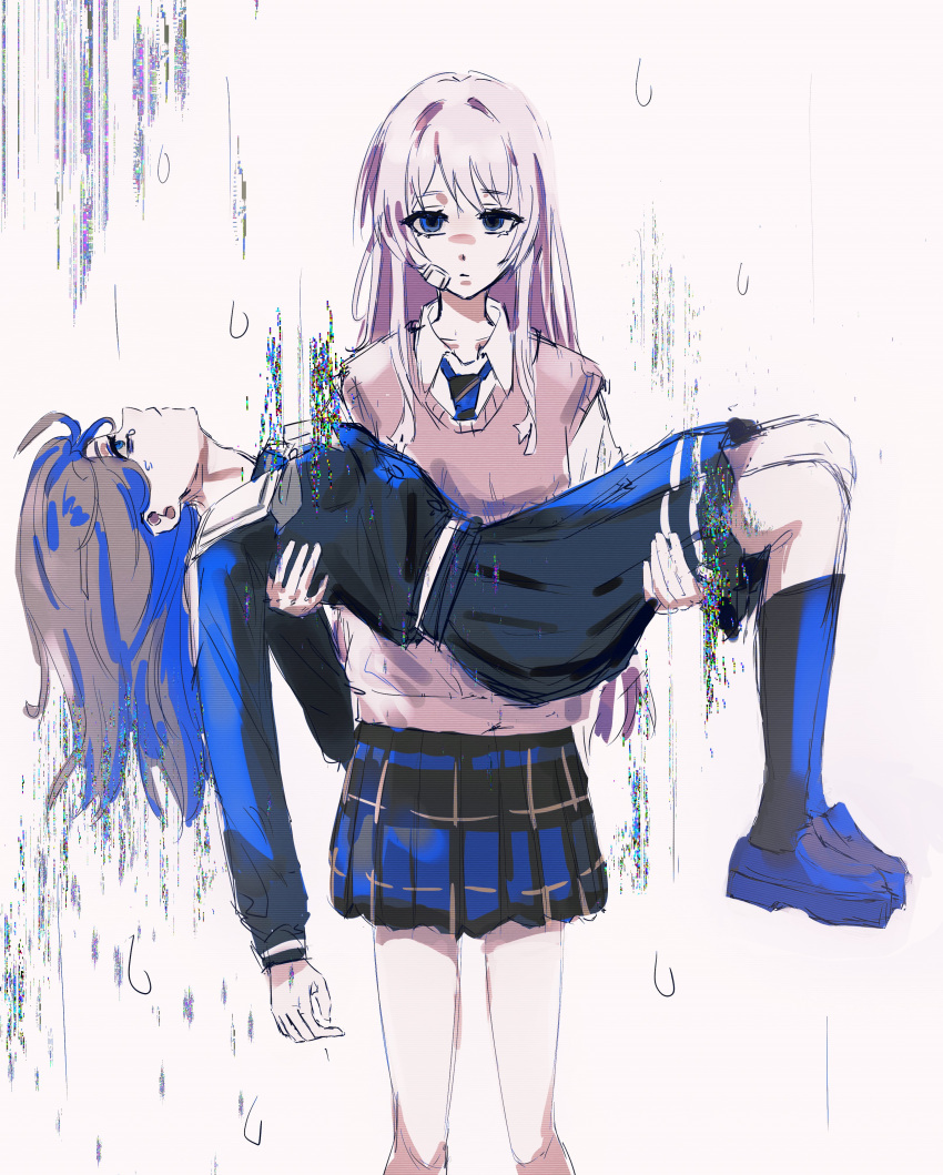 2girls, absurdres, bandaid, bandaid_on_face, bang_dream!, bang_dream!_it's_mygo!!!!!, black_socks, blue_eyes, blue_necktie, blue_serafuku, blue_shirt, blue_skirt, brown_footwear, brown_hair, brown_sweater_vest, carrying, carrying_person, chihaya_anon, closed_mouth, collared_shirt, commentary, diagonal-striped_clothes, diagonal-striped_necktie, glitch, grey_neckerchief, haneoka_school_uniform, hashtag-only_commentary, highres, kneehighs, loafers, long_hair, long_sleeves, looking_at_viewer, multiple_girls, nagasaki_soyo, neckerchief, necktie, neionzero, pink_hair, plaid, plaid_skirt, pleated_skirt, rain, sailor_collar, school_uniform, serafuku, shirt, shoes, skirt, socks, standing, striped_clothes, sweater_vest, tsukinomori_school_uniform, white_sailor_collar, white_shirt