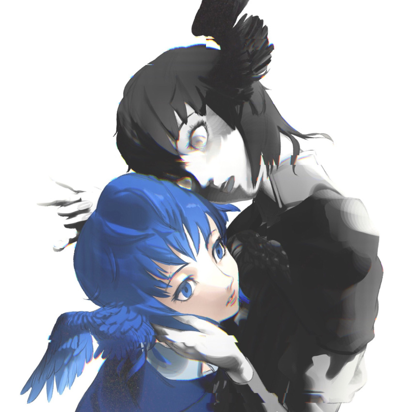 2girls, 7enn, bird_wings, black_capelet, black_hair, blue_eyes, blue_hair, capelet