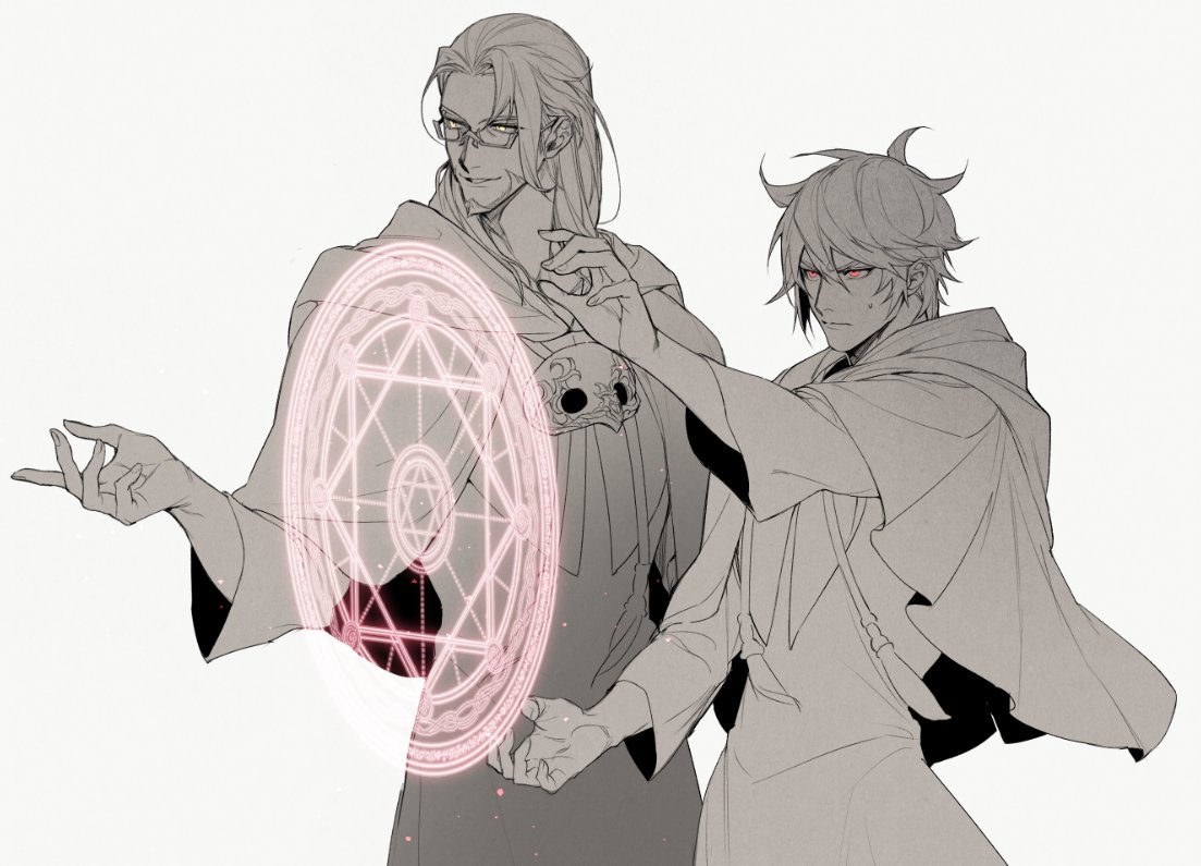 2boys, bad_id, bad_twitter_id, baebabaego, beard, capelet, casting_spell, cowboy_shot