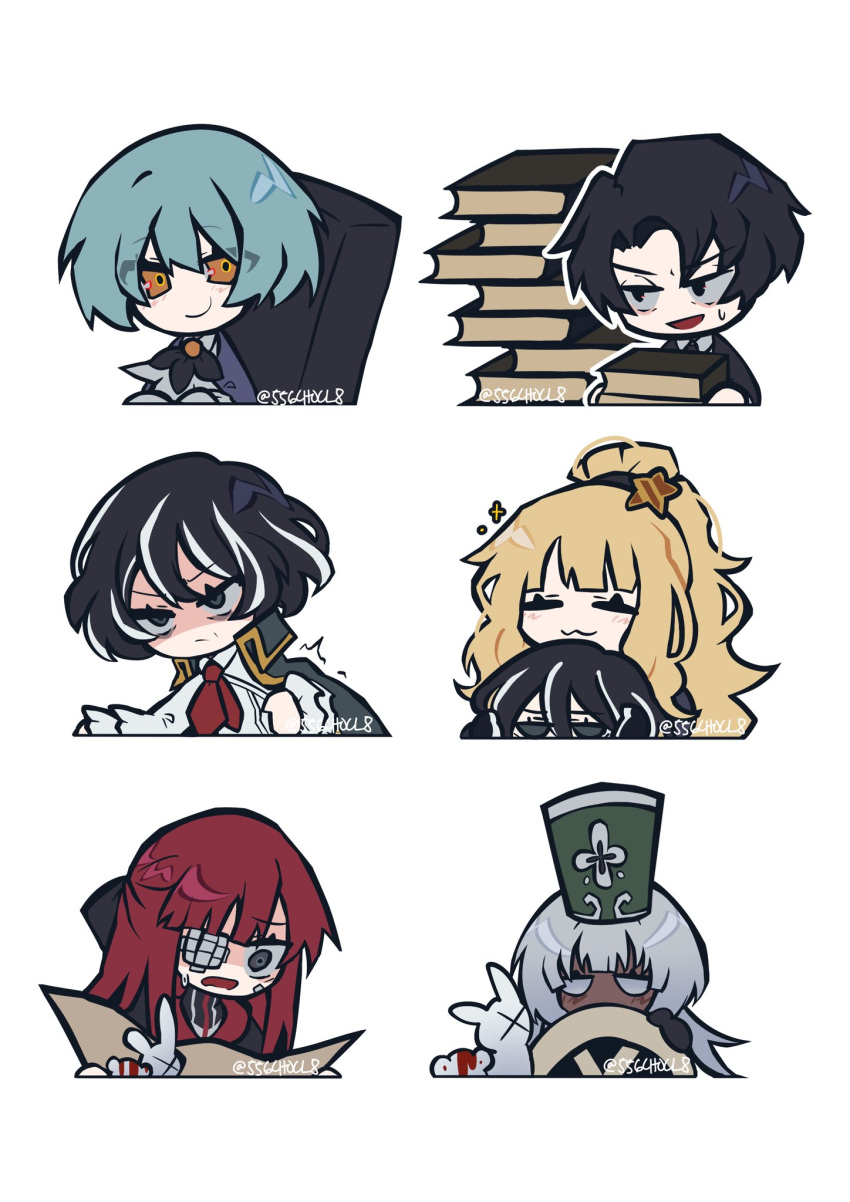 1boy, 5girls, angela_(project_moon), black_eyes, black_hair, blonde_hair, charon_(project_moon), closed_mouth, coco_(556ch0cl8), dark-skinned_female, dark_skin, ezra_(project_moon), green_hat, grey_eyes, grey_hair, hat, high_ponytail, highres, library_of_ruina, limbus_company, long_hair, looking_at_viewer, moses_(project_moon), multicolored_hair, multiple_girls, parted_bangs, pink_hair, project_moon, roland_(project_moon), shako_cap, smile, streaked_hair, the_distortion_detective, very_long_hair, yellow_eyes, yuri_(project_moon)