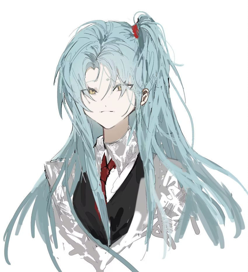 1girl, angela_(project_moon), black_vest, blue_hair, closed_mouth, coat, highres, lab_coat, lobotomy_corporation, long_hair, looking_at_viewer, one_side_up, parted_bangs, project_moon, r8697916zry, shirt, sidelocks, solo, very_long_hair, vest, white_coat, white_shirt, yellow_eyes