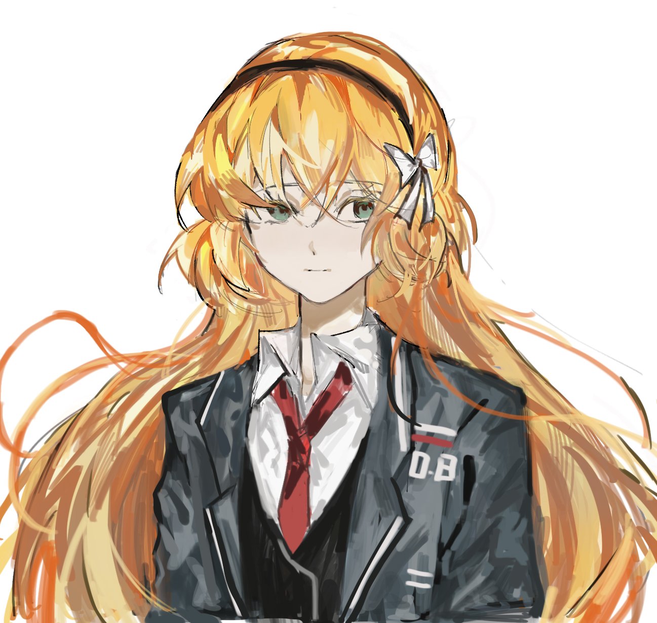 1girl, black_coat, black_vest, bow, brown_hairband, coat, hair_bow, hairband
