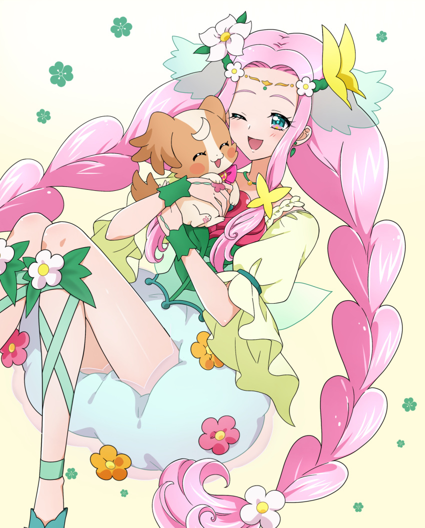 1girl, ;d, animal, blue_skirt, blush, blush_stickers, braid, bubble_skirt, closed_eyes, commission, cure_felice, dog, dot_nose, dress_flower, earrings, flower, flower_in_eye, green_eyes, green_ribbon, green_veil, green_wrist_cuffs, hair_flower, hair_ornament, hanami_kotoha, highres, holding, holding_animal, holding_dog, in-franchise_crossover, inukai_komugi, inukai_komugi_(dog), jewelry, kagami_chihiro, leg_ribbon, long_hair, magical_girl, mahou_girls_precure!, multicolored_eyes, one_eye_closed, papillon_(dog), pink_hair, pixiv_commission, precure, puffy_sleeves, ribbon, simple_background, skirt, smile, symbol_in_eye, twin_braids, veil, wonderful_precure!, yellow_background