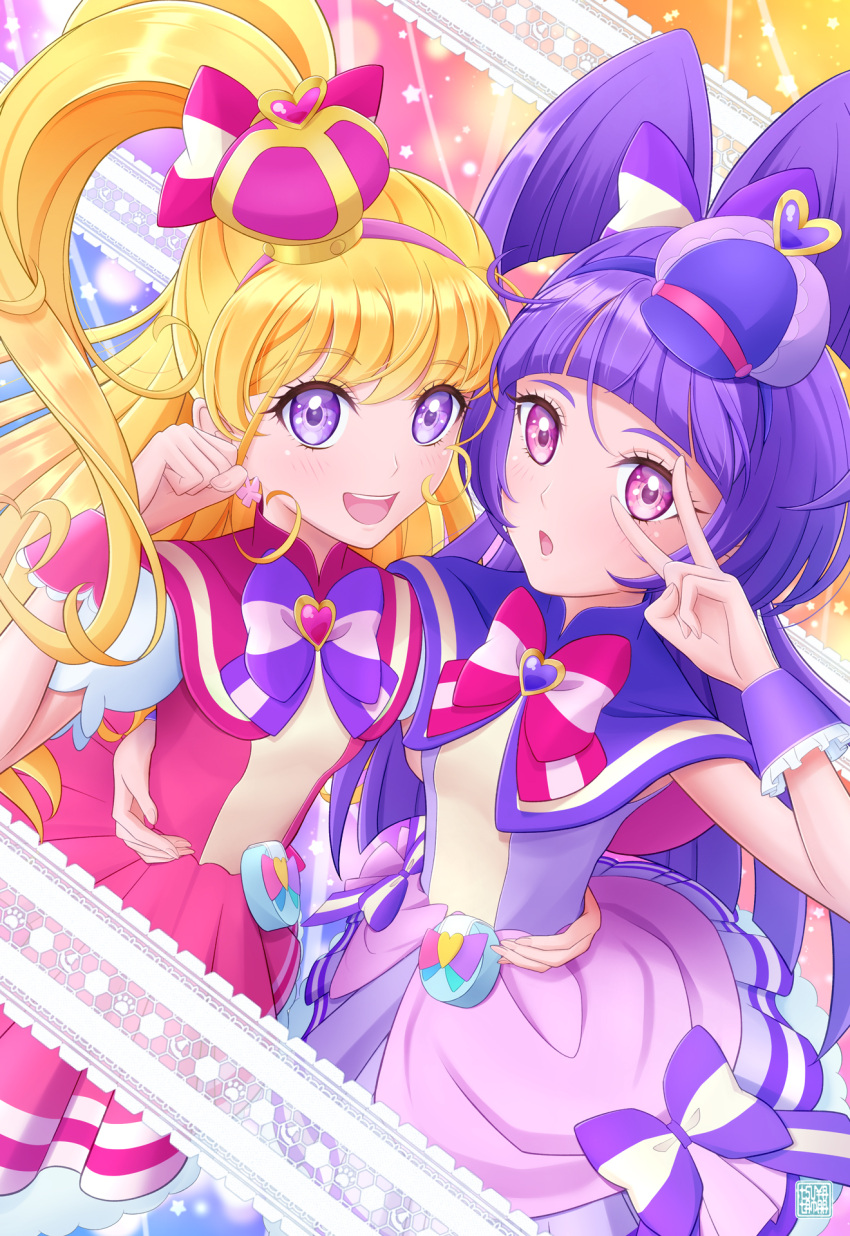 2girls, :d, :o, arm_around_waist, asahina_mirai, blonde_hair, blush, bow