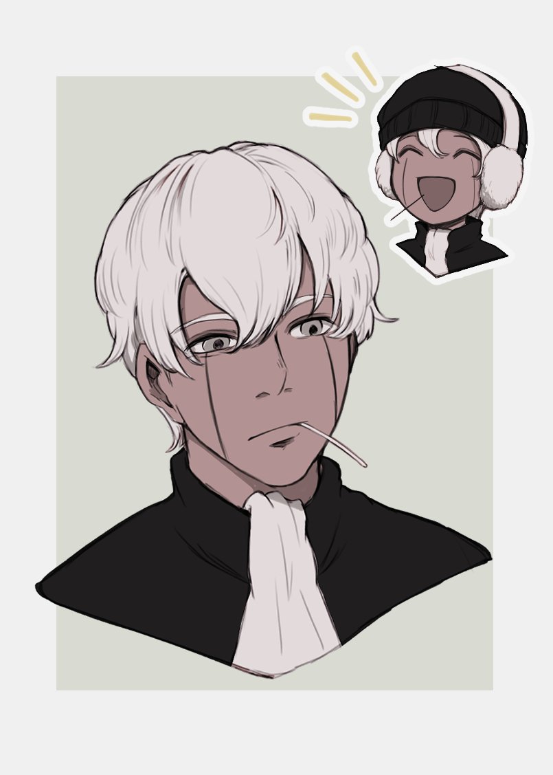 1boy, beanie, black_beanie, candy, cropped_shoulders, earmuffs, facial_mark, food