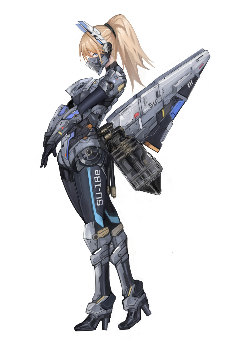 1girl, absurdres, airplane_wing, alternate_costume, aokuma_(yuuran_create), armor, black_bodysuit, blonde_hair