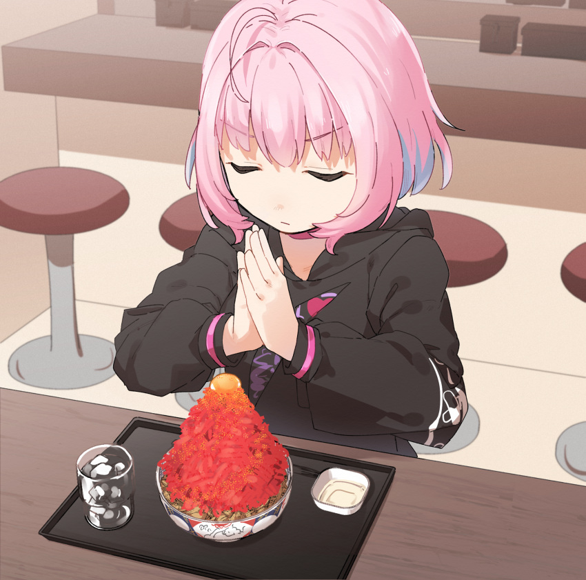 1girl, ahoge, benishouga, black_hoodie, bowl, closed_eyes, commentary, donburi