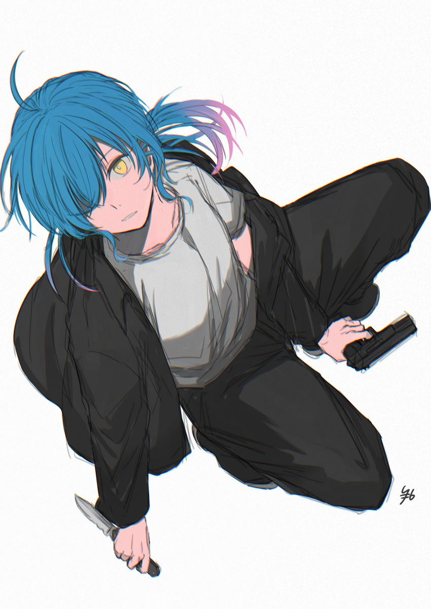 1girl, akao_akira, black_jacket, black_pants, blue_eyes, gun, hair_over_one_eye, highres
