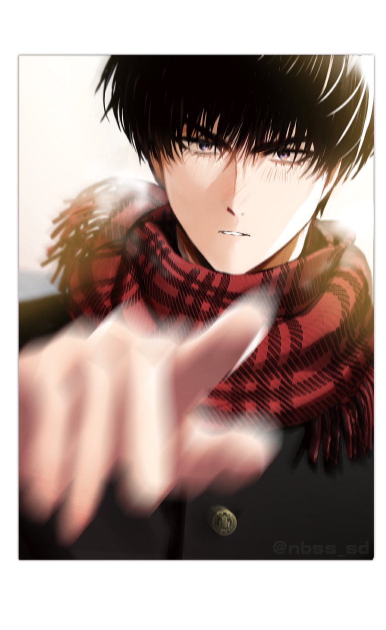 black_eyes, black_hair, blurry, blurry_foreground, coat, gakuran, highres, looking_at_viewer, male_focus, nbss_sd, plaid, plaid_scarf, pov, rukawa_kaede, scarf, school_uniform, short_hair, slam_dunk_(series), winter, winter_clothes, winter_coat