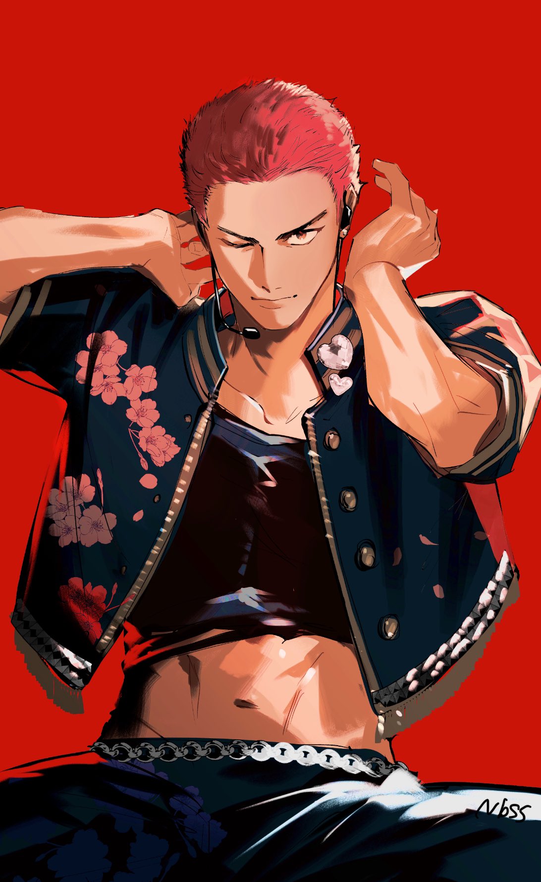 1boy, cowboy_shot, highres, looking_at_viewer, male_focus, midriff, nbss_sd, one_eye_closed, red_background, redhead, sakuragi_hanamichi, short_hair, simple_background, slam_dunk_(series), solo