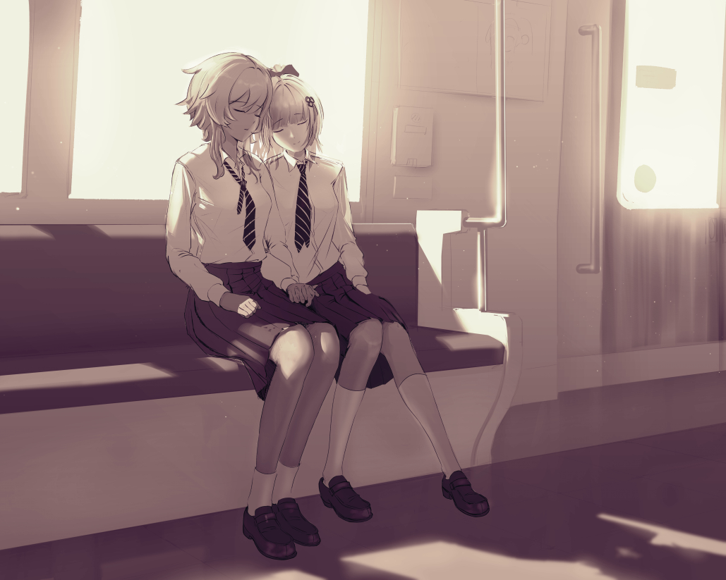 2girls, closed_eyes, closed_mouth, collared_shirt, contemporary, full_body, genshin_impact, heads_together