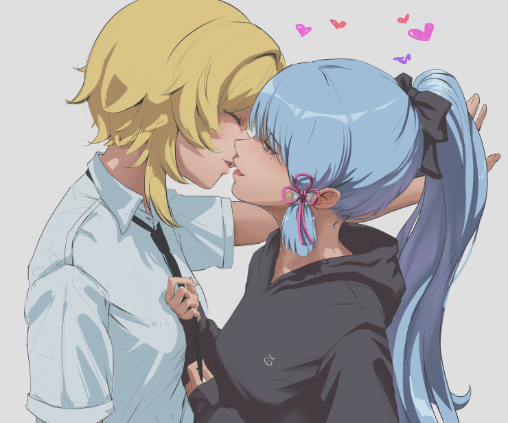 2girls, black_hoodie, black_necktie, black_ribbon, blonde_hair, blue_eyes, blue_hair, blush