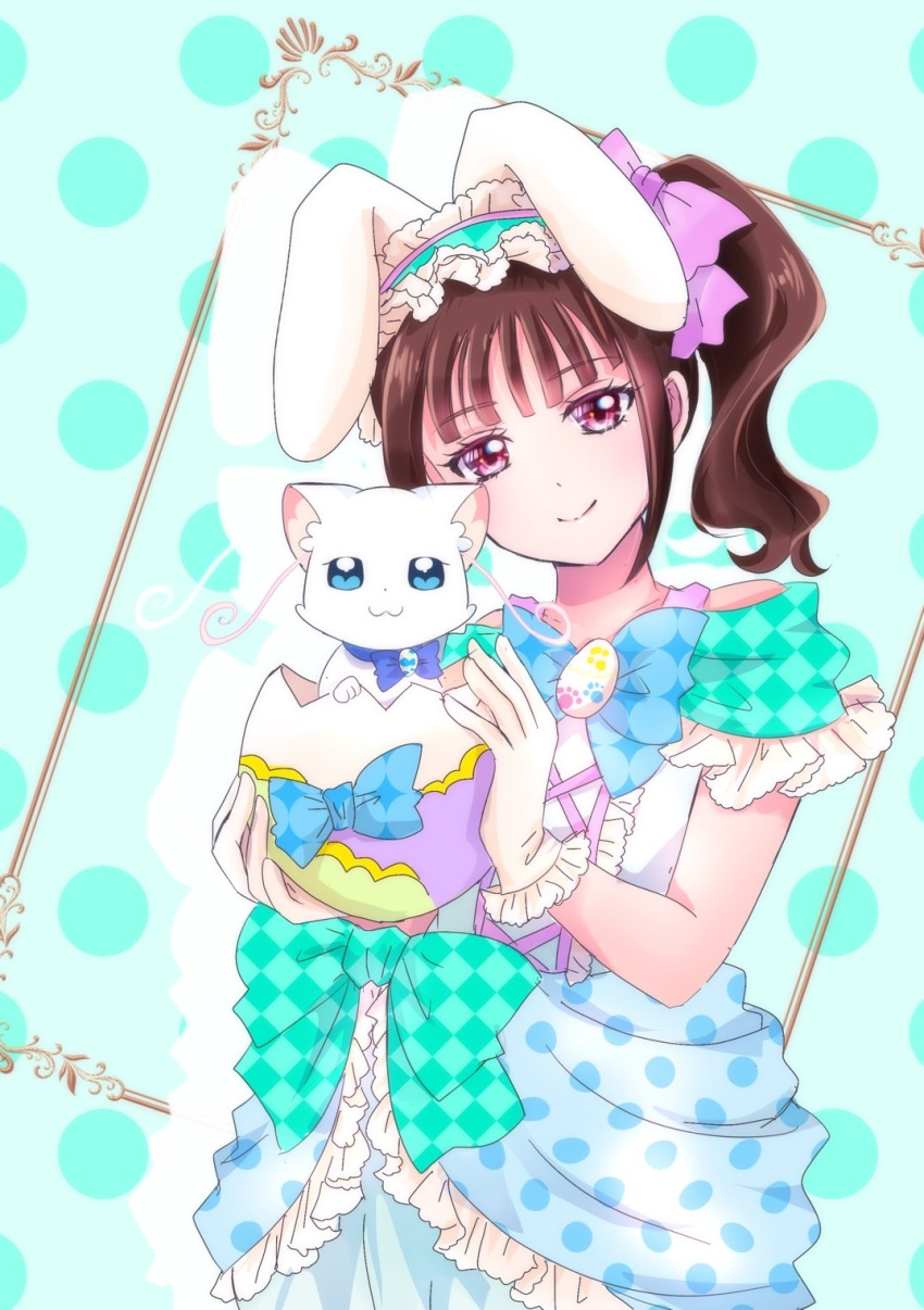 1girl, alternate_costume, animal, animal_hat, aqua_background, aqua_hat, black_hair, blue_bow