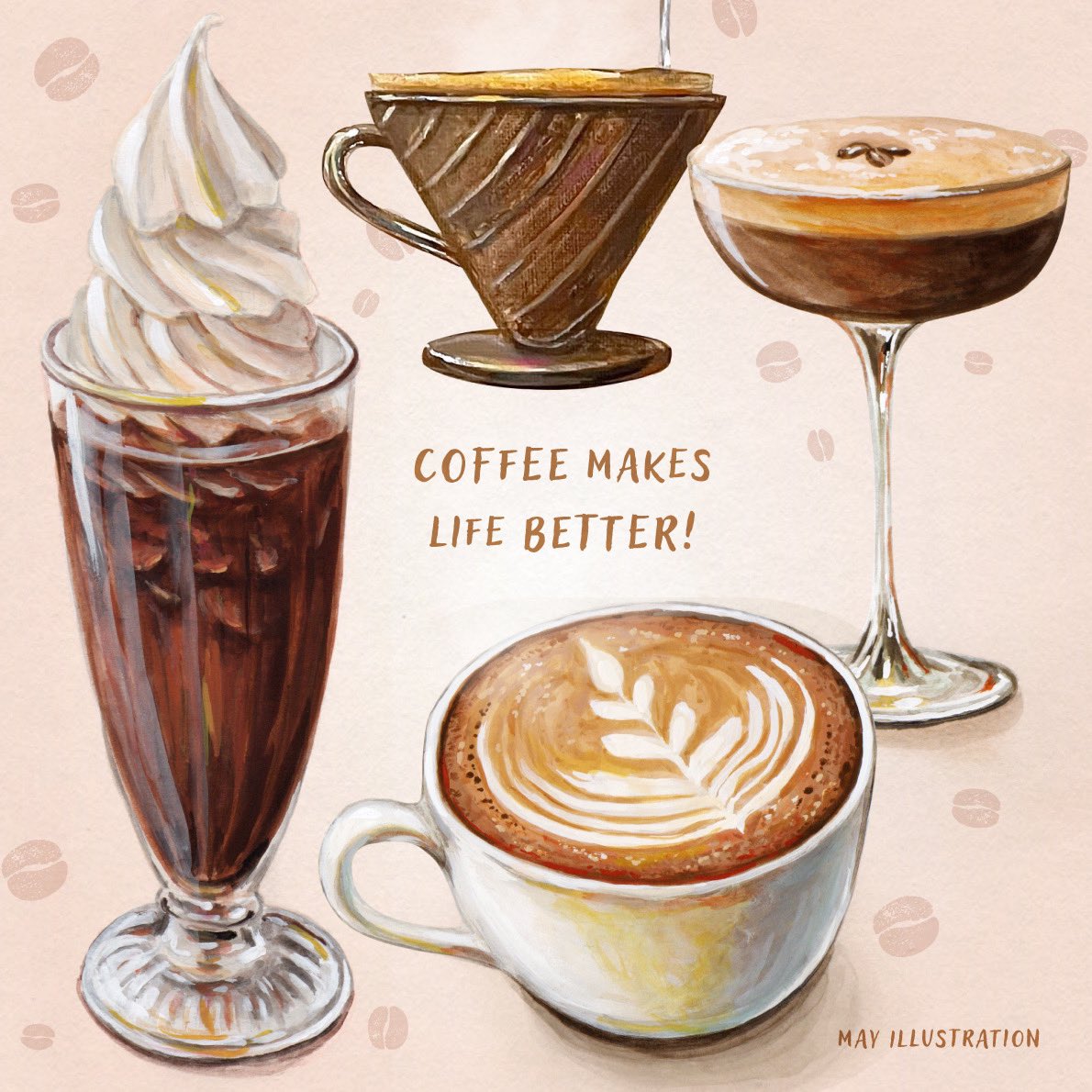 brown_theme, cocktail_glass, coffee, coffee_beans, coffee_mug, commentary_request, cream, cup
