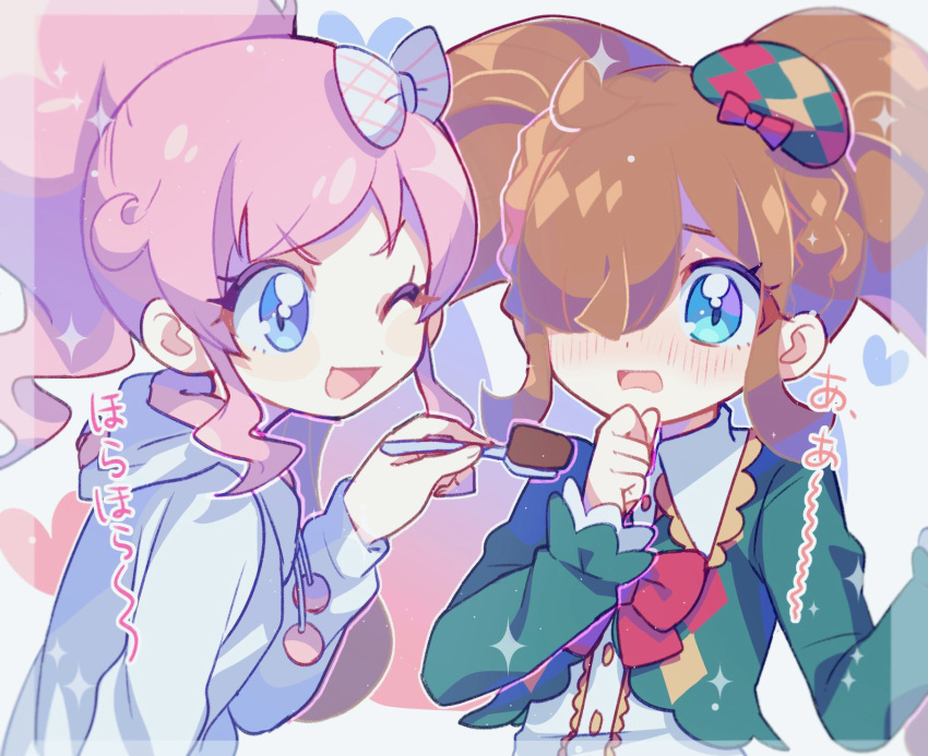 2girls, ;d, ahoge, blue_eyes, blue_hoodie, blunt_bangs, blush, bow