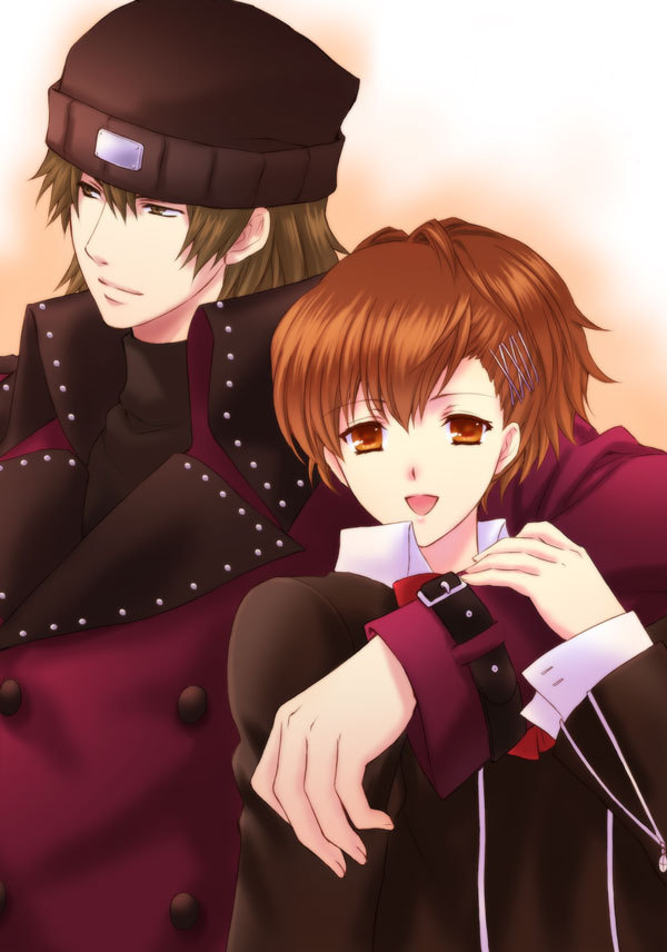 1girl, aragaki_shinjirou, bad_id, beanie, brown_eyes, brown_hair, couple, female_protagonist_(persona_3), hair_ornament, hat, persona, persona_3, persona_3_portable, ribbon, smile, takasato_michi, trench_coat, trenchcoat