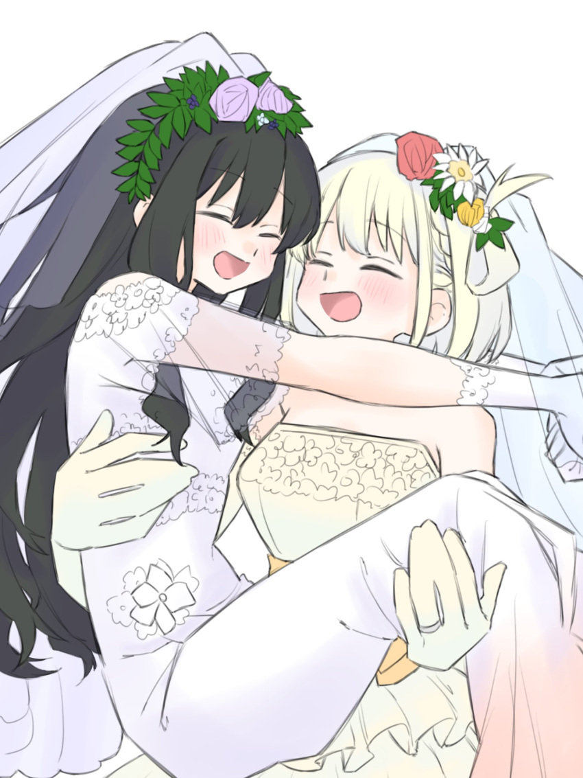 2girls, arm_around_neck, black_hair, blonde_hair, blush, bridal_veil, carrying, closed_eyes