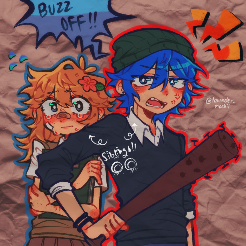 1boy, 1girl, alternate_hair_color, alternate_hair_length, alternate_hairstyle, artist_name, aubrey_(faraway)_(omori), aubrey_(omori)