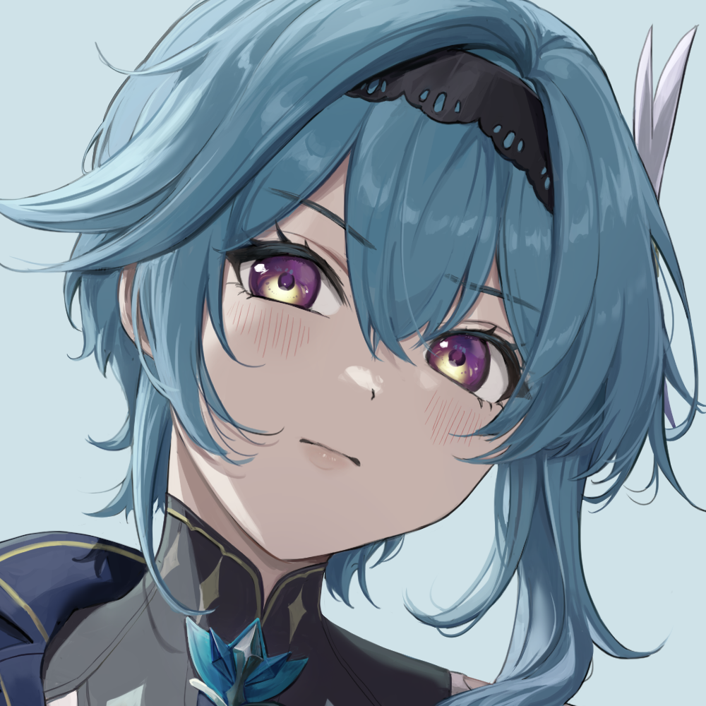 1girl, black_hairband, blue_hair, blush, closed_mouth, eula_(genshin_impact), genshin_impact, grey_background