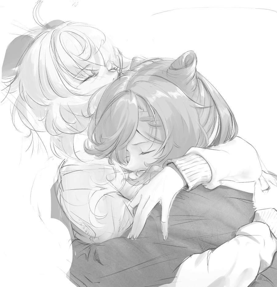 2girls, ahoge, closed_eyes, commentary, cone_hair_bun, cuddling, english_commentary, ganyu_(genshin_impact), genshin_impact, greyscale, hair_bun, hand_on_another's_back, hand_on_another's_shoulder, horns, hug, keqing_(genshin_impact), ker0nit0, long_hair, long_sleeves, monochrome, multiple_girls, sleeping, sleeping_on_person, sweat, upper_body, yuri