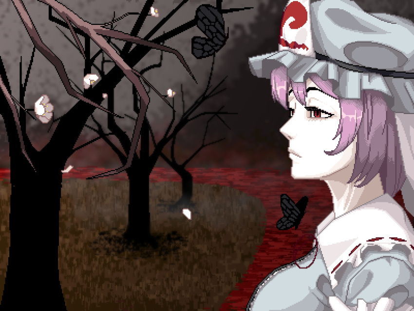 1girl, bare_tree, blue_hat, breasts, bug, butterfly, closed_mouth, commentary