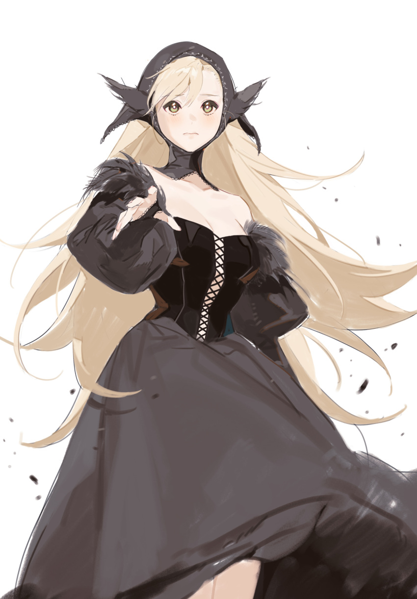 1girl, absurdres, bare_shoulders, black_dress, blonde_hair, dress, dungeon_meshi, highres