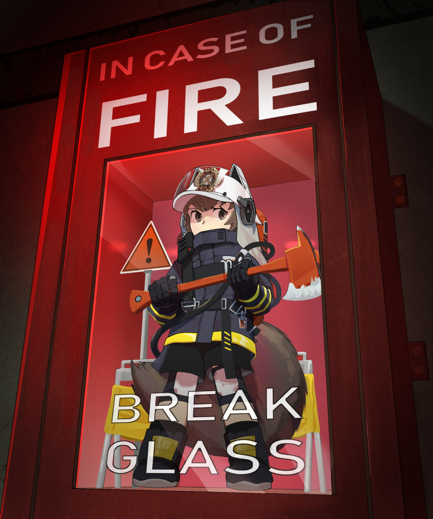 1girl, absurdres, animal_ears_helmet, animal_helmet, arknights, axe, black_footwear, black_gloves, black_jacket, boots, brown_eyes, brown_hair, english_commentary, english_text, fire_axe, fire_extinguisher, fire_helmet, firefighter, firefighter_jacket, full_body, gloves, helmet, highres, holding, holding_axe, jacket, jambaeng, knee_pads, long_sleeves, looking_at_viewer, oxygen_tank, shaw_(arknights), short_hair, solo, squirrel_girl, squirrel_tail, standing, tail