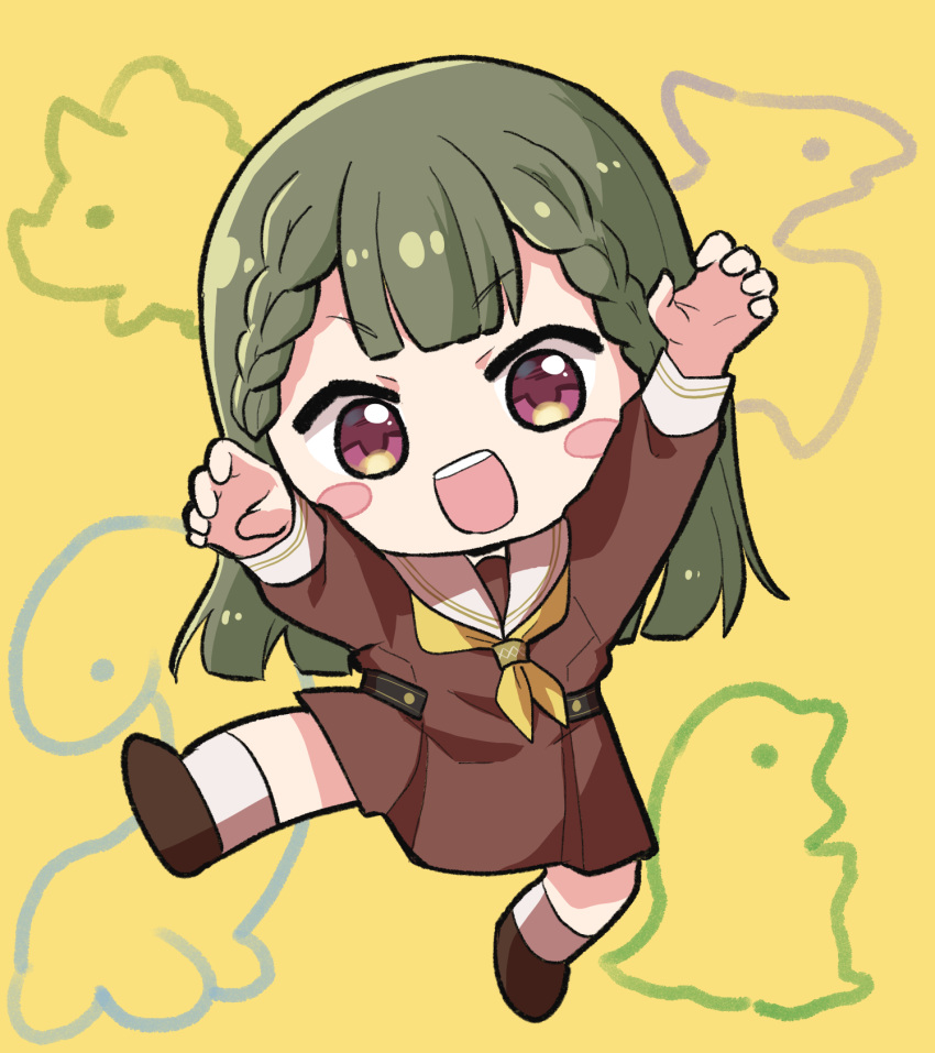 1girl, :d, arms_up, blush_stickers, braid, brown_dress, brown_footwear, center-flap_bangs