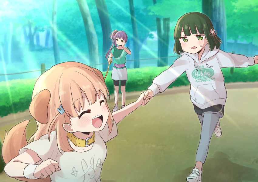 3girls, ^_^, absurdres, animal_collar, animal_ears, bike_shorts_under_skirt, black_shorts, blue_pants