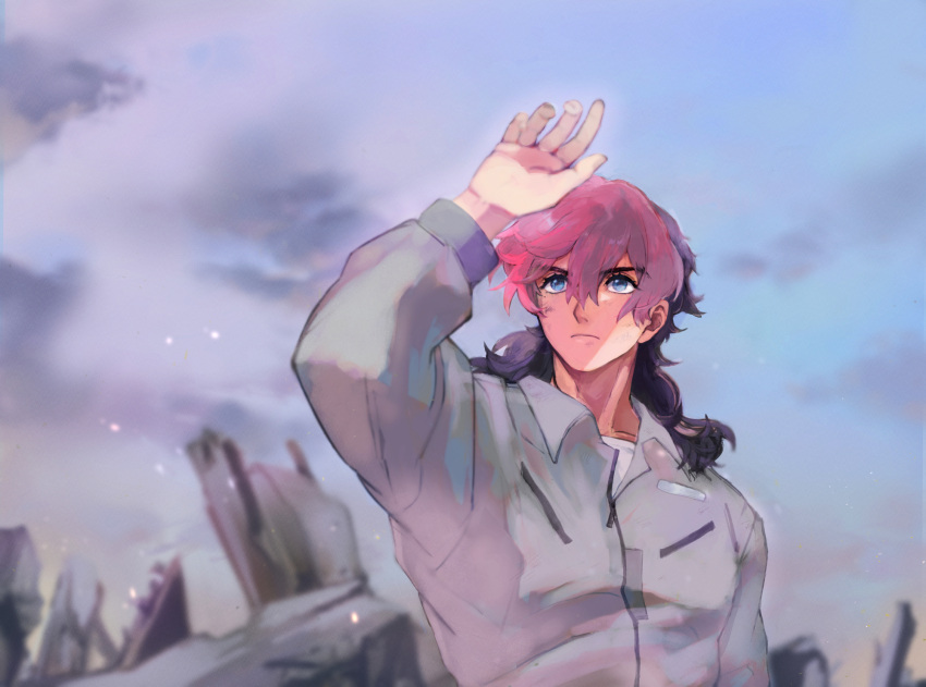1boy, buizelbuibui, closed_mouth, collarbone, eyelashes, grey_jacket, guel_jeturk, gundam