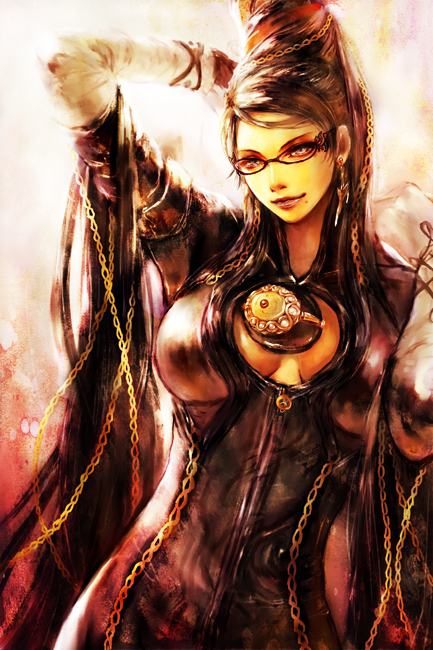 bayonetta_(character), bodysuit, breasts, cleavage, glasses, large_breasts, solo, tsuya_iruka