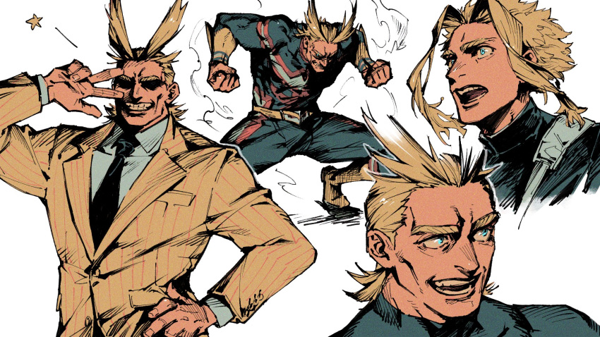1boy, all_might, black_necktie, blonde_hair, blue_bodysuit, blue_eyes, bodysuit, boku_no_hero_academia