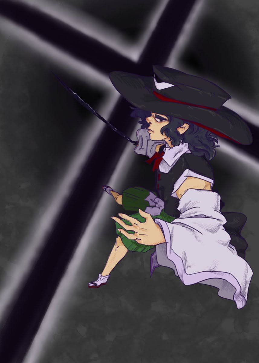 1other, androgynous, bare_shoulders, black_eyes, black_hair, black_hat, black_vest, blurry
