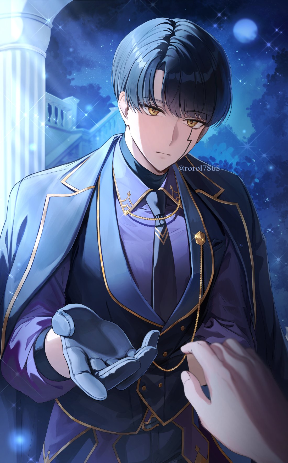 1boy, aiguillette, black_gloves, black_hair, black_jacket, black_necktie, black_vest, collared_shirt