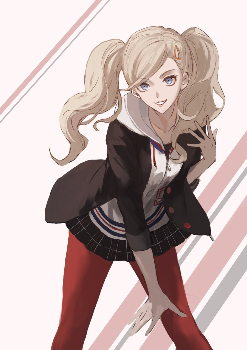 1girl, black_jacket, blazer, blonde_hair, blue_eyes, cowboy_shot, fu_ga_(vivi912912), highres, hood, hoodie, jacket, long_hair, looking_at_viewer, open_clothes, open_jacket, pantyhose, persona, persona_5, plaid, plaid_skirt, red_pantyhose, school_uniform, shuujin_academy_school_uniform, skirt, smile, solo, takamaki_anne, twintails, white_hoodie, zipper_pull_tab