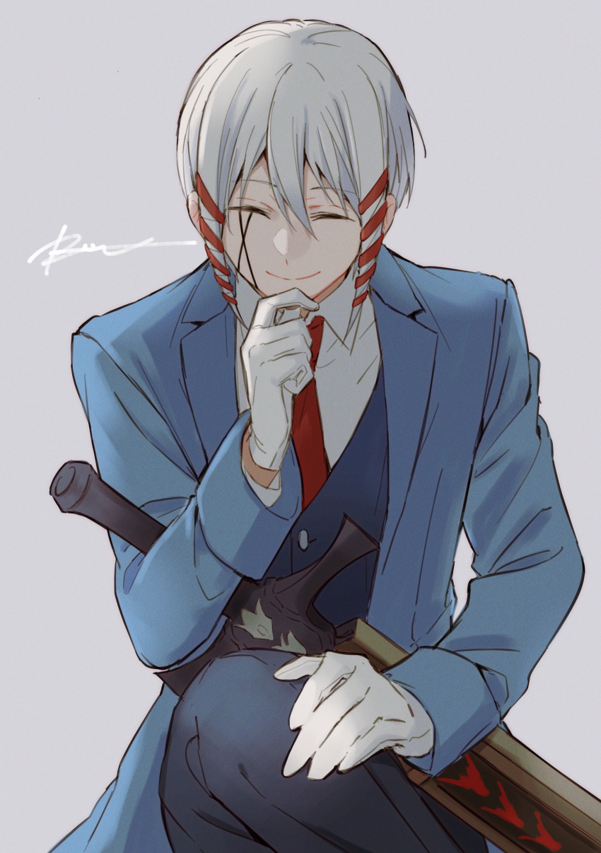 1boy, absurdres, blue_jacket, closed_eyes, crossed_legs, gloves, hand_on_own_chin, highres