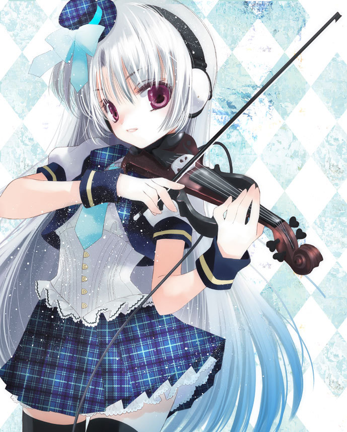 checkered, electric_violin, hat, hato_rami, headphones, instrument, light_smile, long_hair, mini_top_hat, multicolored_hair, original, pink_eyes, solo, thigh-highs, thighhighs, top_hat, very_long_hair, violin, white_hair, wrist_cuffs, zettai_ryouiki