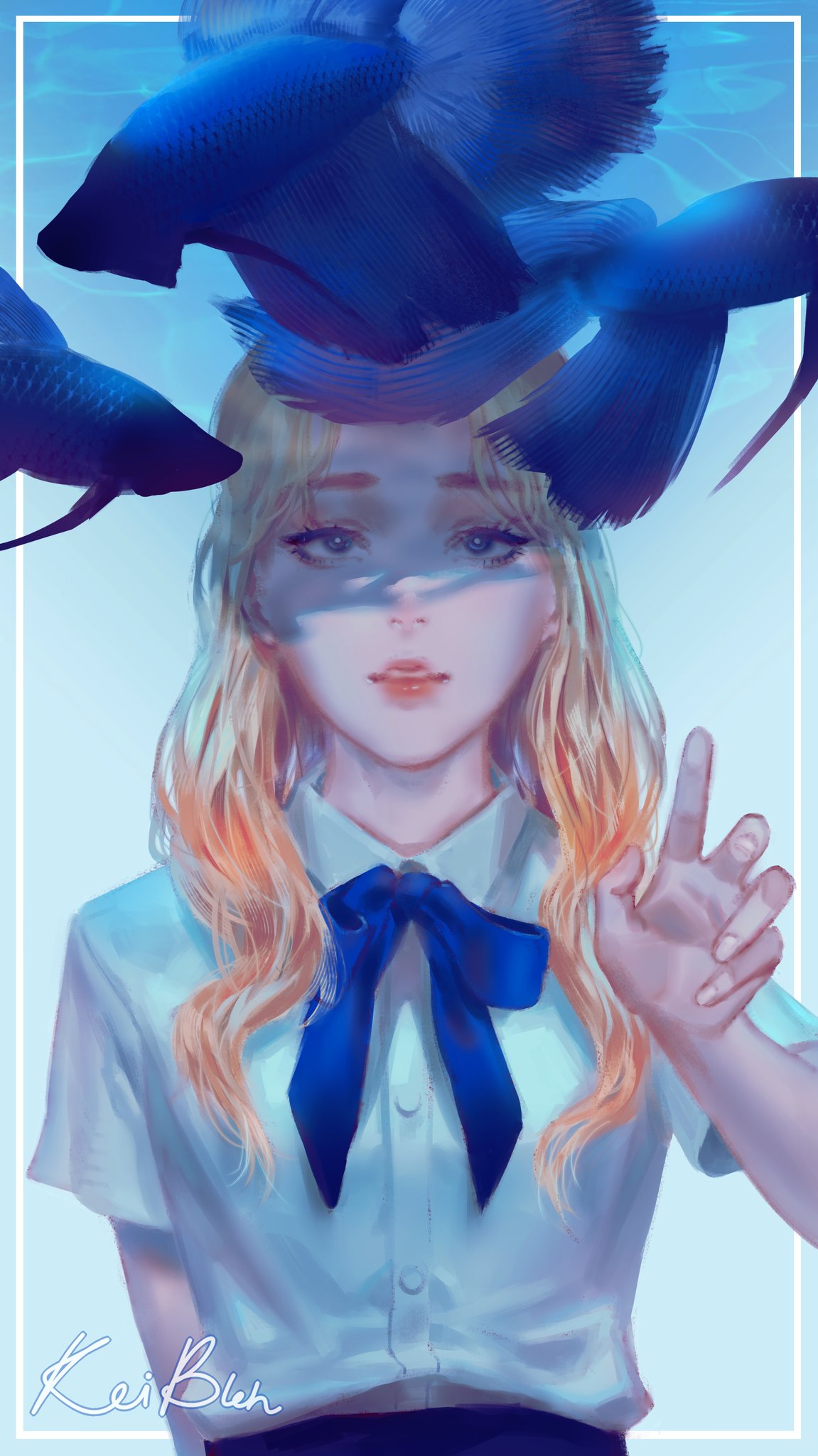 1girl, blonde_hair, blue_bow, blue_bowtie, blue_eyes, bow, bowtie, fish