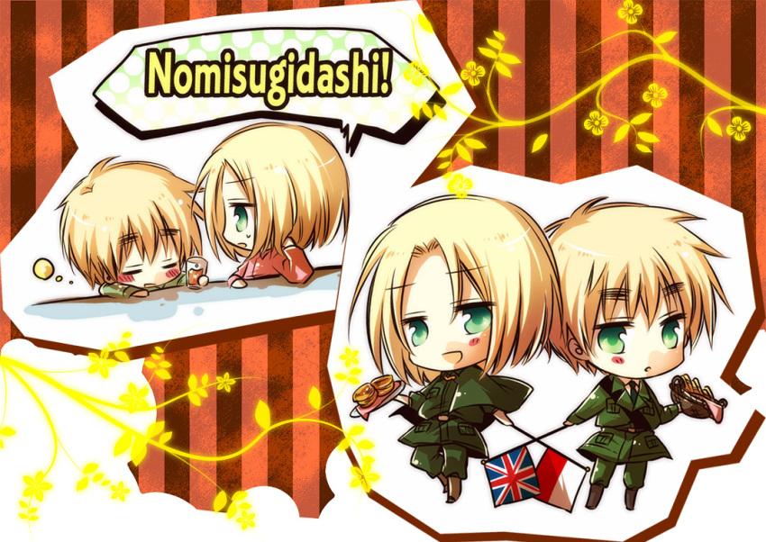 aplerichi, axis_powers_hetalia, blonde_hair, chibi, flag, food, green_eyes, military