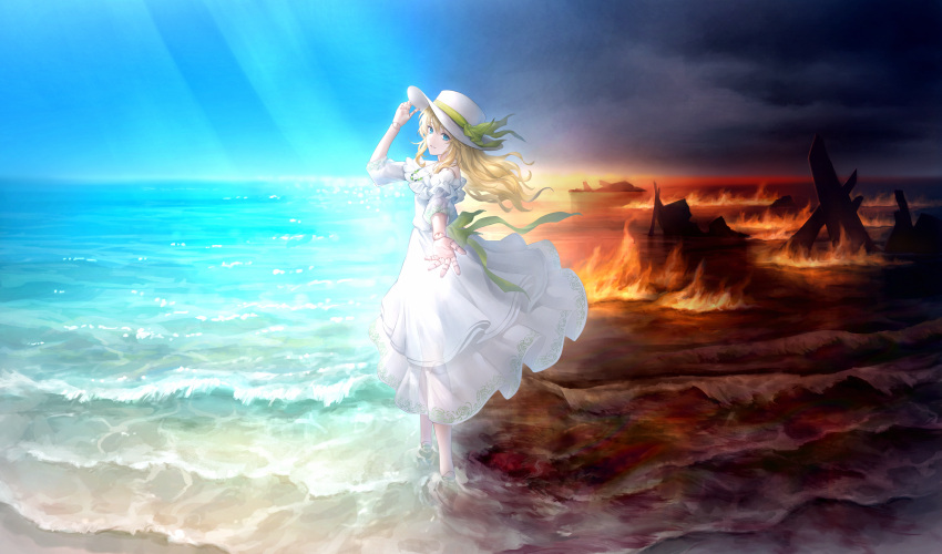 1girl, absurdres, ankle_strap, back_bow, beach, beckoning, blonde_hair, blue_eyes