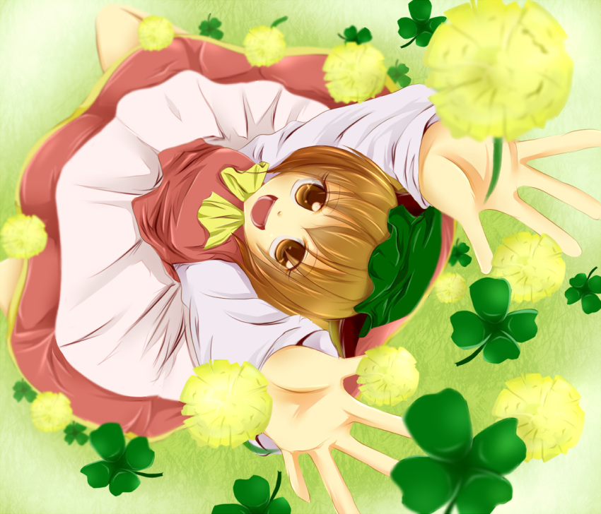 arms_above_head, arms_up, brown_eyes, brown_hair, cat_ears, chen, clover, dress