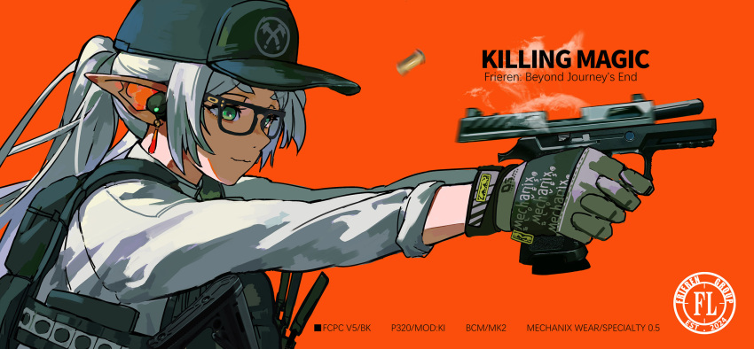 baseball_cap, bullet, bulletproof_vest, dahe_z, earrings, elf, english_text, firing