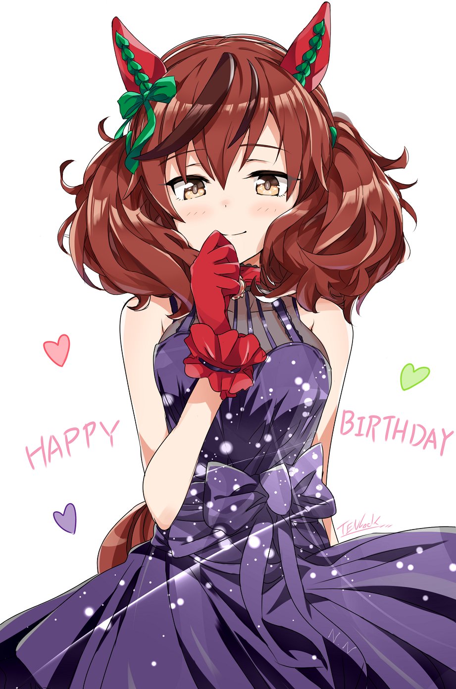 1girl, animal_ears, bare_shoulders, brown_eyes, brown_hair, dress, ear_covers, gloves