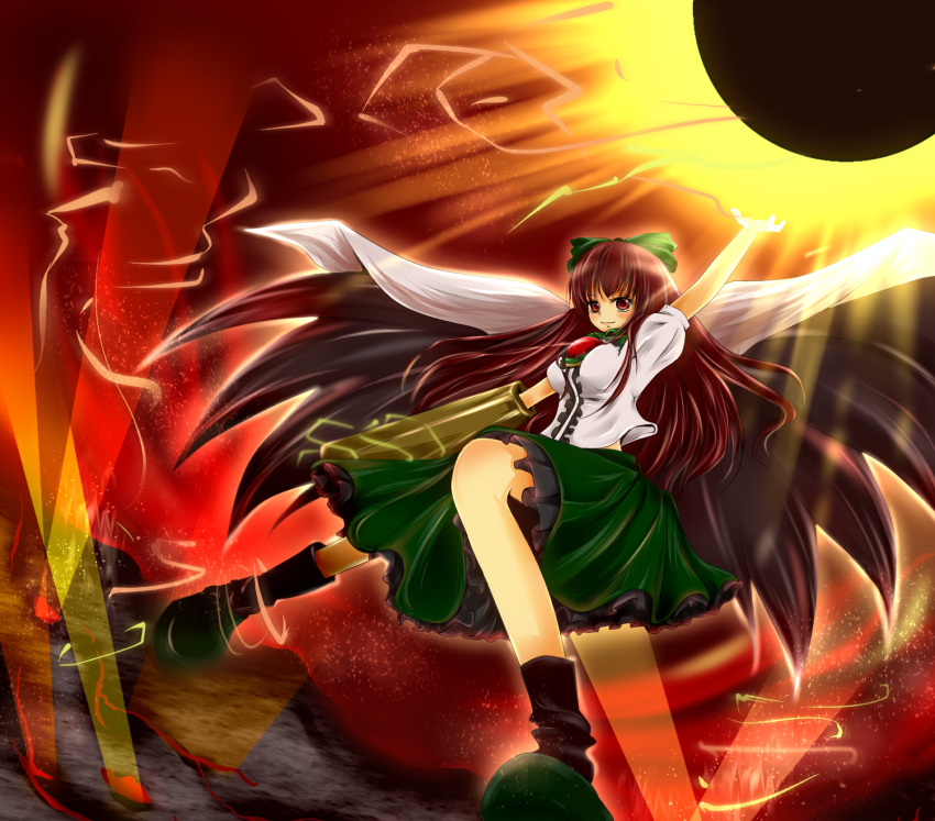 bow, breasts, brown_hair, cape, dress, hair_bow, large_breasts, lava