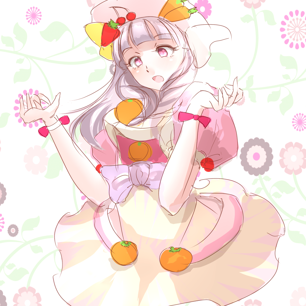 bow, carrot, cherry, cooking_idol_ai!_mai!_main!, cosplay, dress, food, fruit, hat, hiiragi_mine, hiiragi_mine_(cosplay), ice2002, idolmaster, long_hair, orange, red_eyes, shijou_takane, silver_hair, solo, strawberry, wrist_cuffs