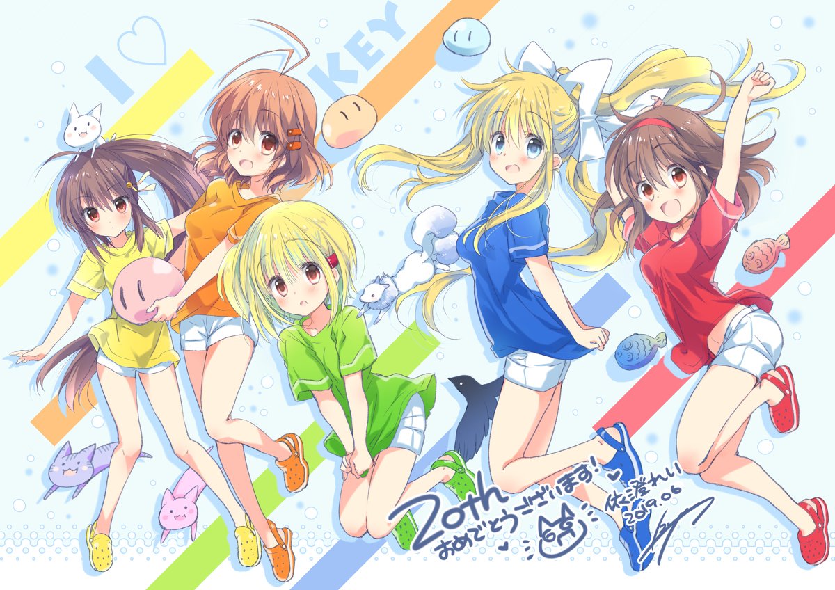 5girls, air_(visual_novel), antenna_hair, blonde_hair, blue_eyes, brown_eyes, brown_hair, clannad, crossover, dango_daikazoku, food, furukawa_nagisa, hair_ribbon, hairband, hibiki_(hibiki_no_mahou), hibiki_no_mahou, izumi_rei, kamio_misuzu, kanon, key_(company), little_busters!, long_hair, medium_hair, multiple_girls, natsume_rin, open_mouth, ponytail, red_eyes, ribbon, short_hair, side_ponytail, simple_background, smile, taiyaki, tsukimiya_ayu, very_long_hair, wagashi