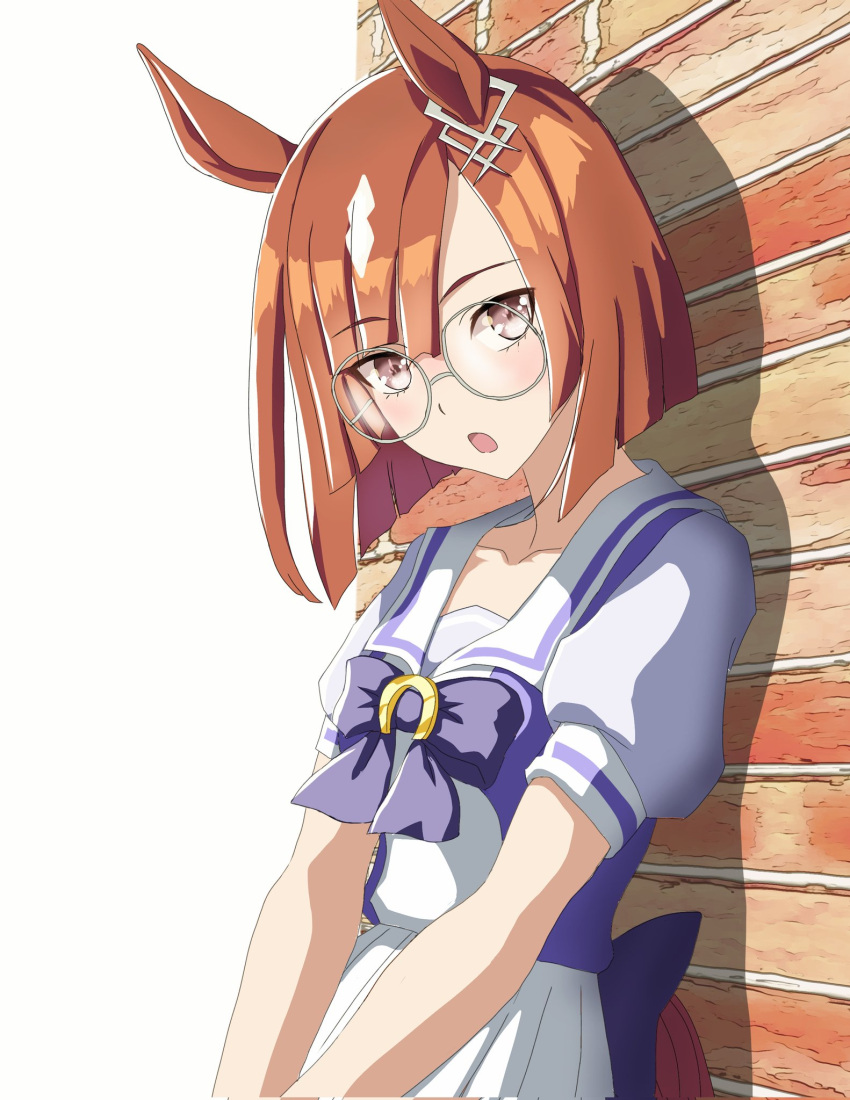1girl, animal_ears, bow, bowtie, brown_eyes, brown_hair, corrupted_twitter_file, from_side, highres, horse_ears, horse_girl, horseshoe_ornament, ikuno_dictus_(umamusume), looking_at_viewer, looking_to_the_side, masasim, pleated_skirt, puffy_short_sleeves, puffy_sleeves, purple_bow, purple_bowtie, purple_serafuku, purple_shirt, round_eyewear, sailor_collar, sailor_shirt, school_uniform, serafuku, shirt, short_sleeves, skirt, solo, tracen_school_uniform, umamusume, white_skirt