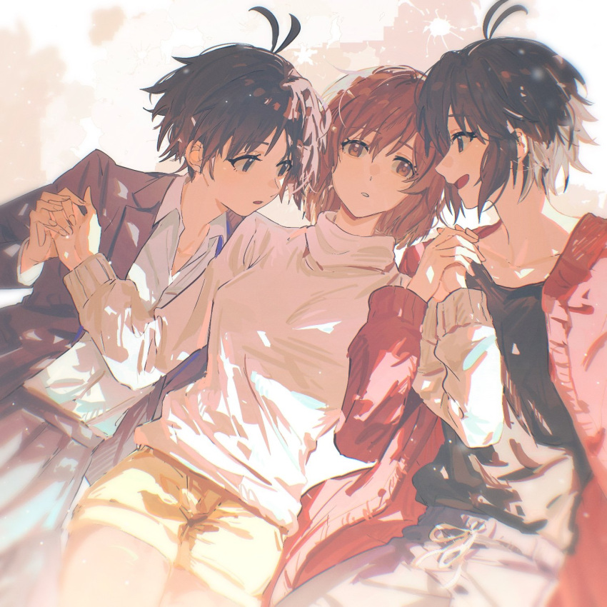 3girls, antenna_hair, black_hair, blazer, brown_hair, cardigan, dual_persona, hagiwara_yukiho