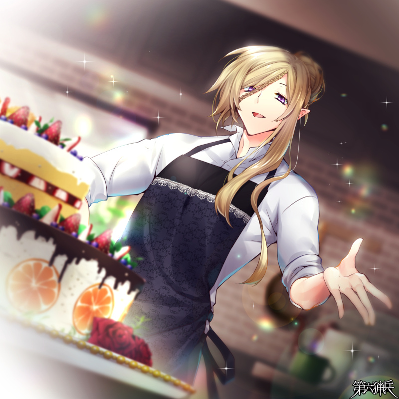1boy, :d, apron, black_apron, blonde_hair, blueberry, blurry, blurry_background