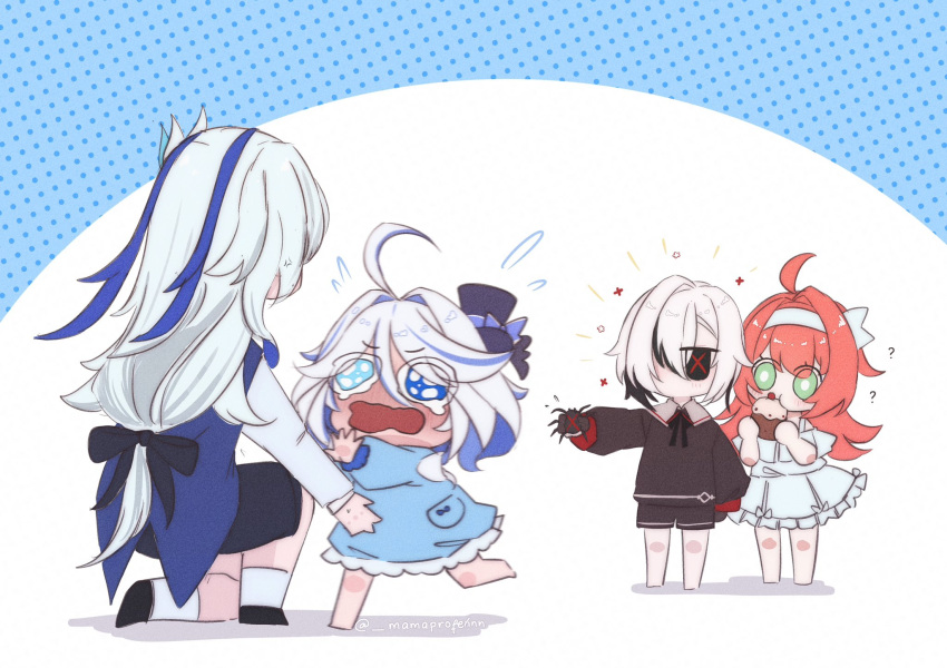 1boy, 3girls, aged_down, anger_vein, animal, arlecchino_(genshin_impact), barefoot, black_eyes